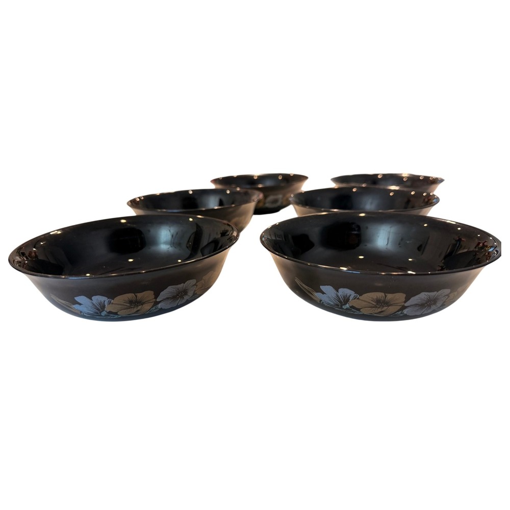 Arcoroc France Julie Black Floral Soup Bowls Set 6 Glass Vintage‎ Black Glass